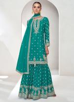 Premium Chinnon Silk Teal Wedding Wear Embroidery Work Readymade Plazzo Suit